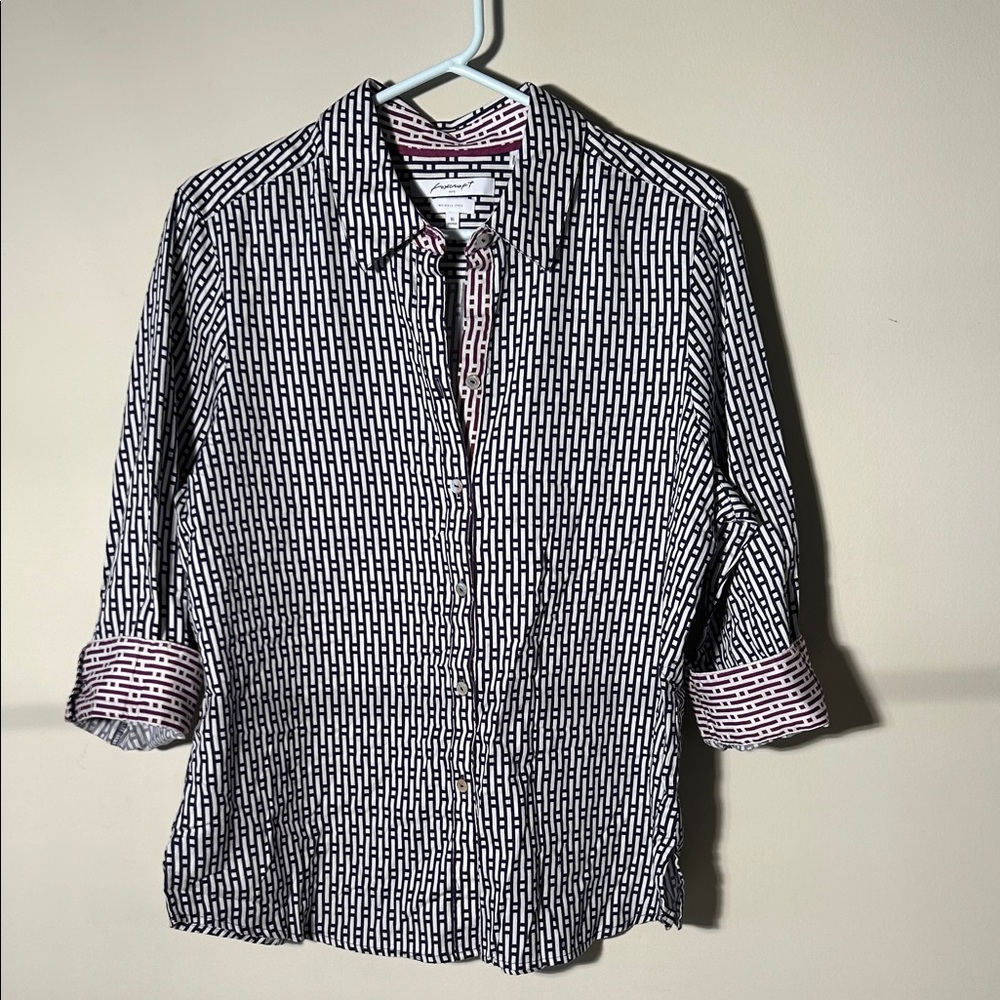 Foxcroft Navy, White, and Purple Geometric Button Up Blouse